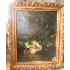 Very Large Naturalist Painting; Gilded Stucco Frame Shepherd Posing Under The Oak Tree, 19th Century