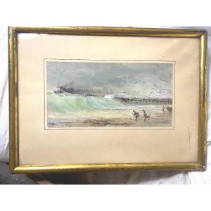 Beautiful Framed Animated Impressionist Watercolor "storm On The Pier" Signed H. Gobin. 1875.
