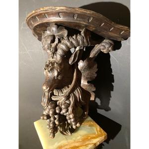 Richly Carved, Openwork Wall Console With Mouflon Head, Black Forest, 19th Century, Walnut