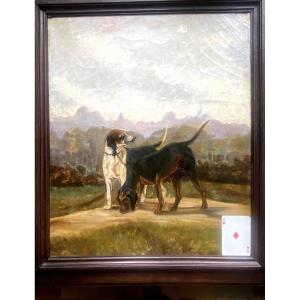 Beautiful Large Framed Portrait Of Hunting Dogs Oil On Canvas Framed From 1898 Signed L.briez