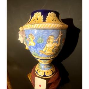 Large Ornamental Vase In Nevers Earthenware In The Renaissance Style, Polychromed, Signed Montagnon, 19th Century