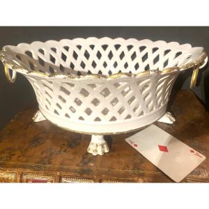 Rare Beautiful Openwork Earthenware Table Basket With Claw Feet And Rings Fronm E.t. Malicone