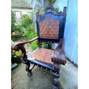 Decorative Large Spanish Throne, Carved Cherry, Beautiful Cordoba Leather Struck Tower And Lion (50)