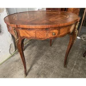Rare Large Round Louis XV Style Drum Table, Richly Inlaid With 2 Drawers In The Belt