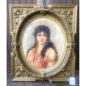 Important Portrait Of An Oriental Dancer Salomé & Its 19th Century Ornamental Frame Signed F. Kahrer.