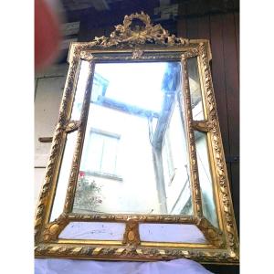 Important Beautiful Fireplace Mirror With Beveled Glazing Beads, Neo-louis XVI Style, Gilded Stuccoed Wood