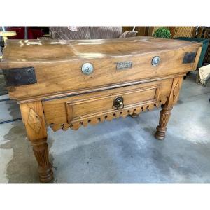 Rare Butcher's Block In Blond Beech On All Sides Signed Trussant Et Cie. Saint E Livrade 1890