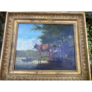 Charles X Painting: Countryside Scene Farmers With A Cow Posing, Framed Canvas