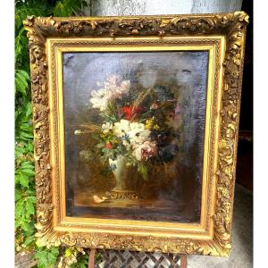 Large, Well-framed 19th Century Painting "vase With Bouquet Of Wild And Garden Flowers" From Summer.
