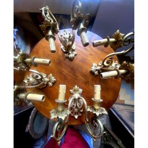 Beautiful Set Of 4 Double Wall Lights In Gilded Bronze, Louis XIV Style, 19th Century, Electrified
