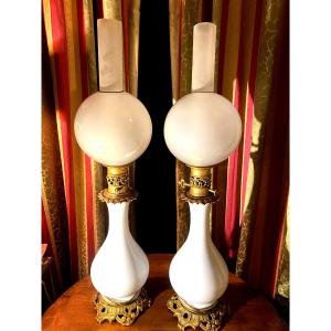 Lovely Pair Of Napoleon III Electrified Oil Lamps, White Opaline, Bronze Globe
