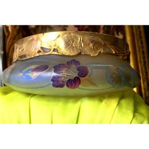 Generous Open Cup With Gilded Copper Rim Embossed With Clematis Flowers, Enamelled In The Same Way