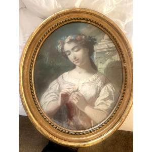 Beautiful Large Pastel Portrait Of A Young Girl With A Crown Of Flowers, Plucking The Daisy's Petals