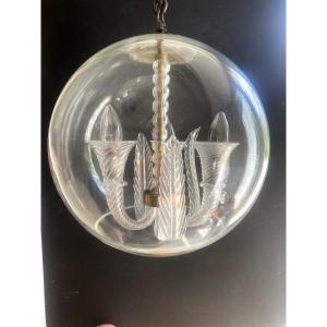 Beautiful Murano Ball Lantern From The 70s, With Three Lights, Cornucopias And Palms
