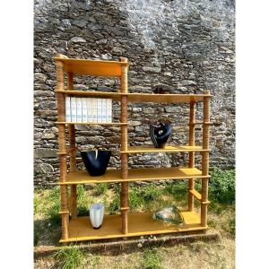 Modular Living Room Shelf In Sycamore And Screwed Columns Covered In Rattan From The 1960s