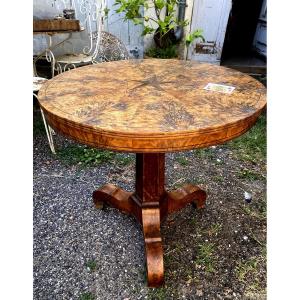 Charles X Period Pedestal Table On Tripod Base, Entirely Veneered With Flamed Maple On The Top, 