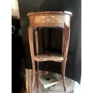 Living Room Table Entirely Inlaid With Decorated Diamonds, Oval Louis XV Legs, Drawer, Bronze Clogs