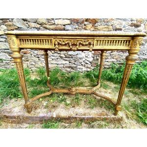 Louis XVI Style Openwork Carved Center Table, Spindle Legs, Ornamented Marble Crosspiece