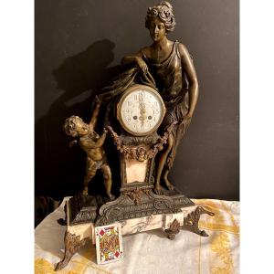 Important Mantel Clock, White Marble With A Romantic Theme Of A Woman And Putti