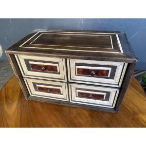 Jewelry Table Cabinet Four Drawers On The Front, & One Hidden In Its Center In Marquetry