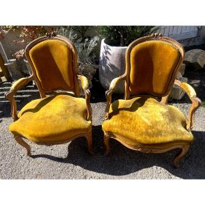 Pair Of 18th Century Louis XV Style Stained Morgani Lounge Cabriolets, Well Carved