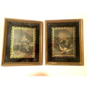 Pair Of Fixed Under Glass: In A Frame Of Golden Lace On A Black Background, Pearl Frame 