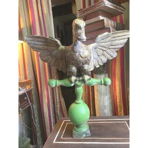 Large Swan With Outstretched Wings In Carved Gilded Wood, 18th Century, On A Green Perch.