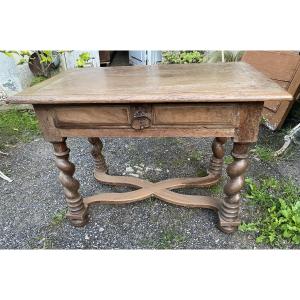 Louis XIII Period Table With Crossed Crossbars, Twisted Legs, Drawer On The Front, Light Walnut
