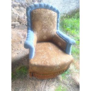 Armchair Upholstered In Brocaded Old Gold Fabric And Blue Velvet Boudin And Cord, Napoleon III