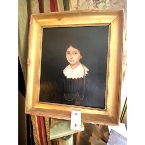 Portrait Of A "little Girl" Framed By Louis Philippe In A Dark Dress With A Lace Collar And A Chain Necklace
