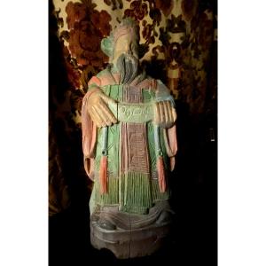 Beautiful Large Statuette Of A Wise Chinese Dignitary, Carved Wood In Light Pastel Polychrome, 19th Century
