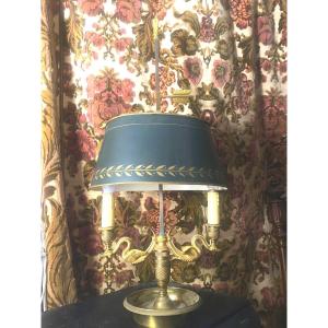 Desk Lamp, Chiseled Bronze, Two Light Arms With Swans, Empire Green Sheet Metal Shade