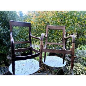 Elegant And Sober Pair Of Armchairs: In First Empire Mahogany "jacob Legs, Curved Armrests