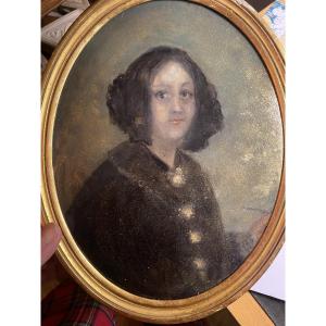 Amazing Oval Oil On Cardboard Portrait To Paint Of The Enigmatic Georges Sand, Framed 19th Century