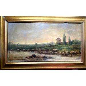 Framed Landscape Of A Late Afternoon In Spain From The Monastery Not Far From A River Signed 19th Century