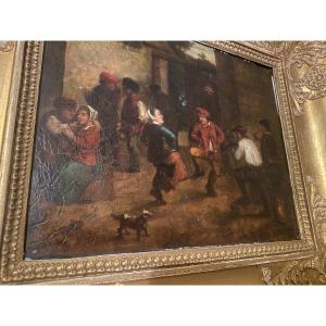 Beautiful Framed Flemish School Dated 1640: "village Dance In A Tavern" Oil / Wood