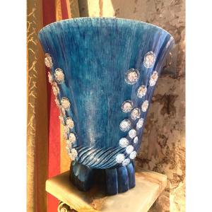 "50" Beam Lamp: In Bright Blue Earthenware With A Scattering Of Luminous Blown Glass Flowers