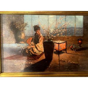 Large Facsimile; Canvas Representing "madame Butterfly" By Komaromi (kacz) Hungarian München 47.