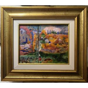 Vielle's Work In A Gilt Frame Depicting A Landscape Painted In Enamel On Copper.