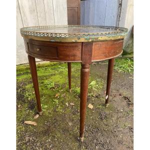 Simple Bouillotte Table, 18th Century Mahogany, Openwork Bronze Gallery, Grey Directoire Marble Top