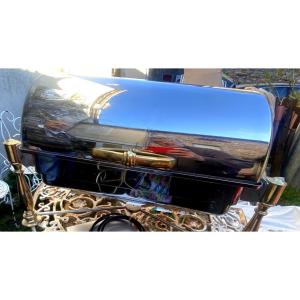  Large Cylindrical Hot Food Serving Dish From A Hotel, Made Of Stainless Steel And Gilt Bronze, From The 1990s