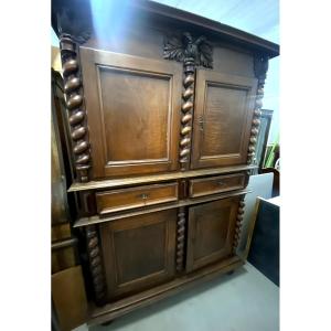 Large 17th Century Walnut Sideboard With Two Double Doors, Two Drawers, Cornice, And Double-headed Eagle Motif.