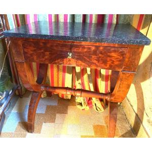 Mahogany Side Table With Grey Porphyry Marble Top, One Drawer In The Front, X-shaped Legs And Stretcher