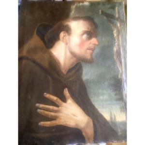 Beautiful 18th-century Portrait Of Saint Francis In Prayer With The Stigmata, Oil On Canvas, Original Stretcher