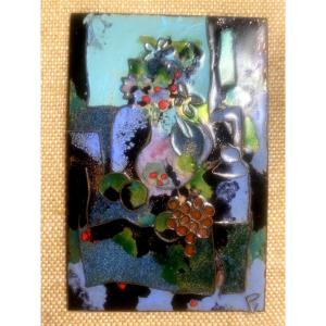 Still Life: Cloisonné Enamel Vase Of Flowers And Bunch Of Grapes In An Abstract Style Reminiscent Of G. Braque