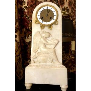 High-quality Charles X Period Carved Alabaster Clock With A Wheel-shaped Enamel Dial And Bronze