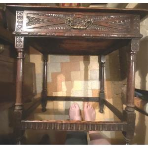 Charming Louis XIII Style Oak Console Table With Carved Frieze And One Drawer