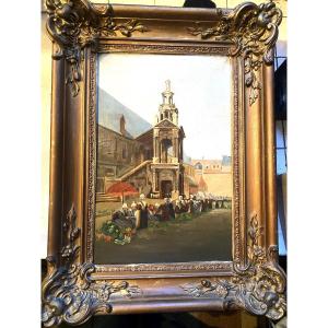 The Vegetable Stall In Front Of The "saint Romain's Pride" Chapel In Rouen, Oil On Canvas, Framed, 19th Century