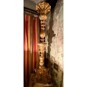 Very Large, Richly Carved Wooden Candlestick, 18th Century, Gilded And Patinated By Time, Louis XV Period