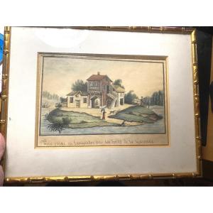 Charming Framed Wash Drawing From The Early 19th Century. View Taken In Languedoc On The Banks Of The Garonne.